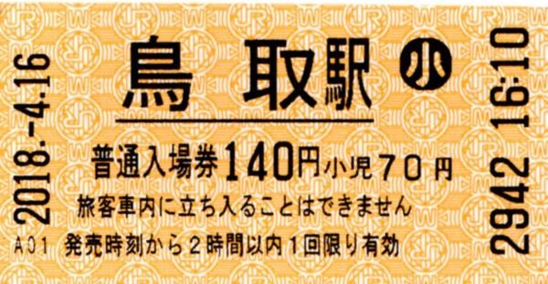 鳥取駅HT30発行入場券 エドモンソン券